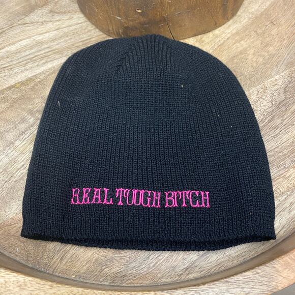RTB Real Tough Babe Black Biker Beanie Knit Stocking Cap Hat Pink Embroidered - Picture 1 of 7